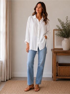 CP Shades Linen Button Down Shirt Size L White Oversized Coastal Luxury Top